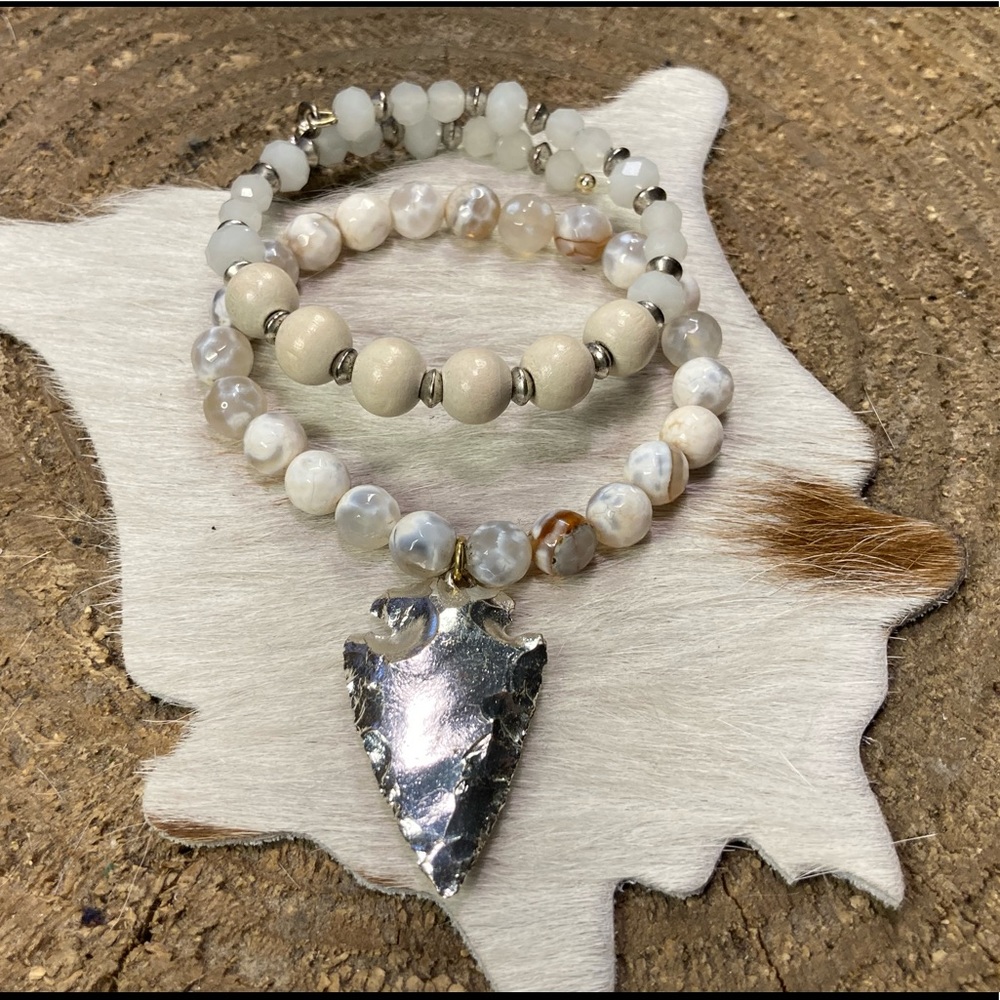 Alex and Ani white bracelet and Gemelli arrowhead.